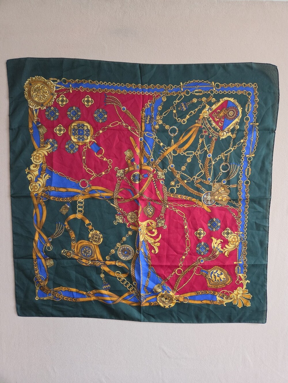 Vintage Equestrian Chain Bridle Green Red Scarf Made in Italy
